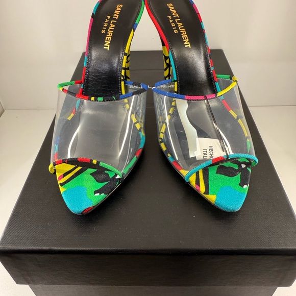 Yves Saint Laurent Sz 7.5 Multi Color w/ Clear Front Mules Shoes - Picture 4 of 6